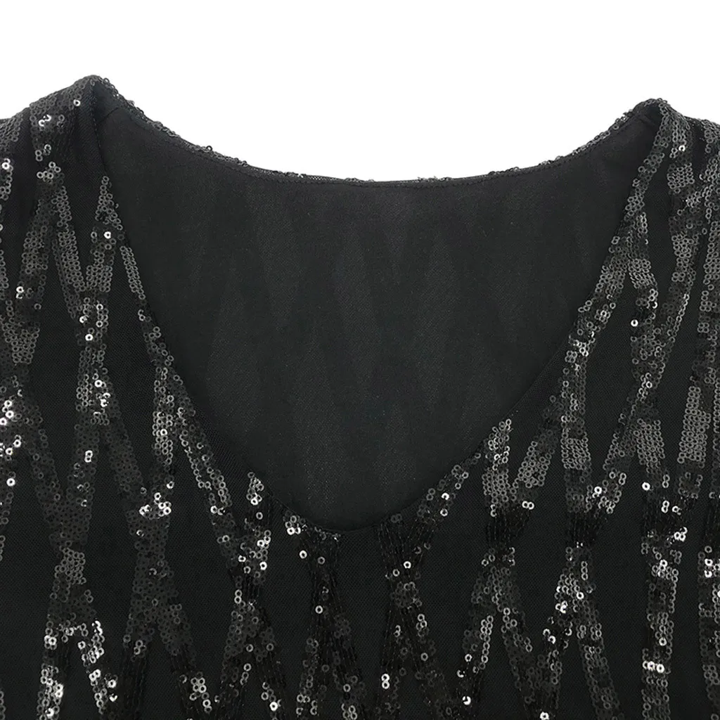 Sexy Mesh Sequined Dress Women Elegant Long Sleeve Black Dress Woman V-neck Bodycon Dress Women Autumn Spring Vestidos#j30