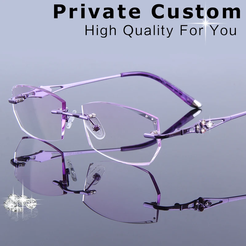 

Designer Myopia\Hyperopia Eyeglasses Women Rhinestone Rimless Reading Glasses High Clear Lenses Female Prescription Spectacles