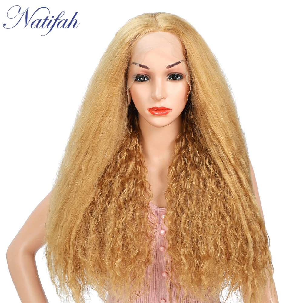 Natifah блондин парик длинный кудрявый парик Синтетический кружевной передний парик 26 дюймов 150% плотность черный парик средняя часть - Цвет: 27P