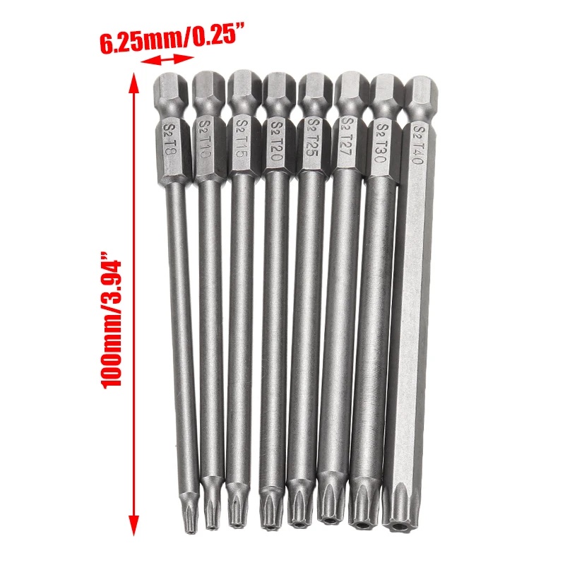 8 шт. отвертка Torx Набор бит Шестигранная безопасная магнитная головка 1/" Шестигранная отвертка Биты длиной 100 мм T8/T10/T15/T20/T25/T27/T30/T40