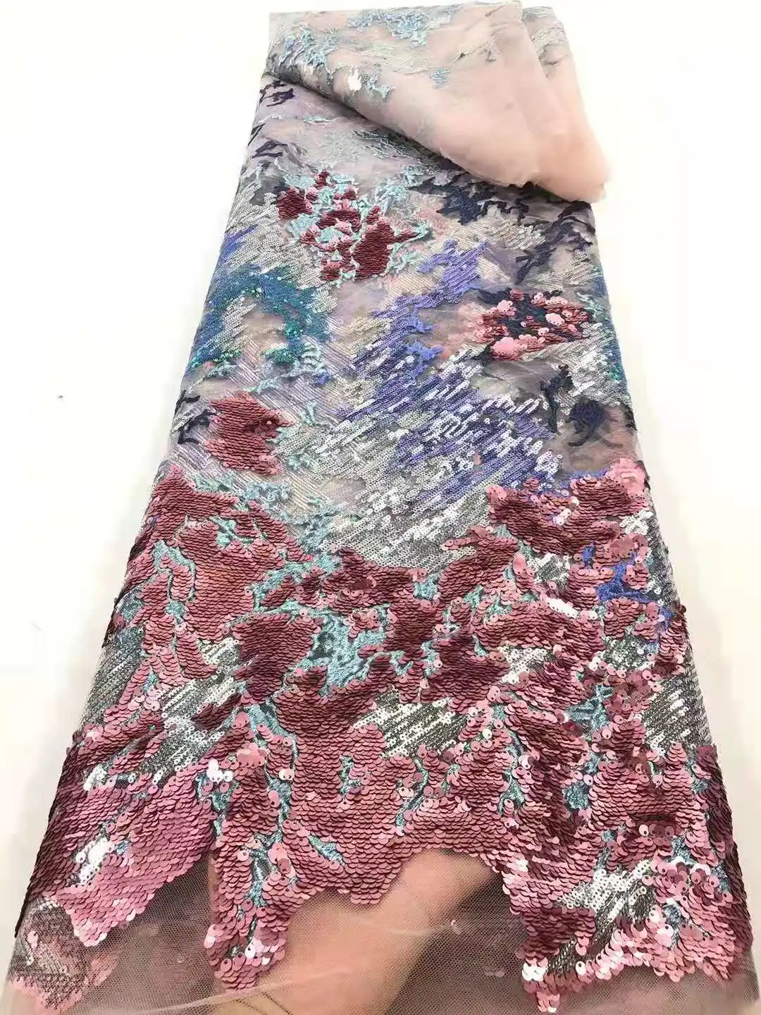 

Shiny sequined fabric ColorfukseqinsEmbroidery French tulle net lace Africa fabric for Party evening dress wedding dress 5 yards