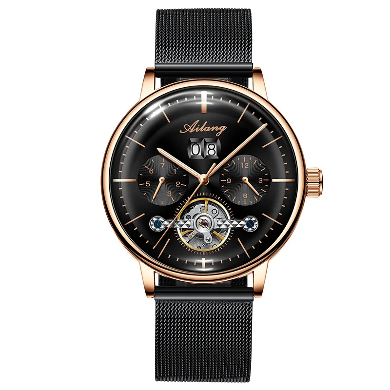 AILANG Business Men's Luminous Waterproof Mechanical Watch Luxury Black Mesh Strap Tourbillon Automatic Watches Calendar 8622A 