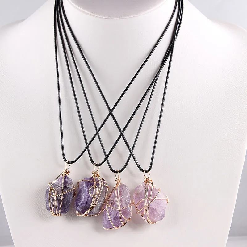 Healing Handmade Irregular Amethysts Crystal Pendant Druzy Necklace Copper Wire Wrapped for Women Reiki Raw Jewelry 1PC | Украшения и
