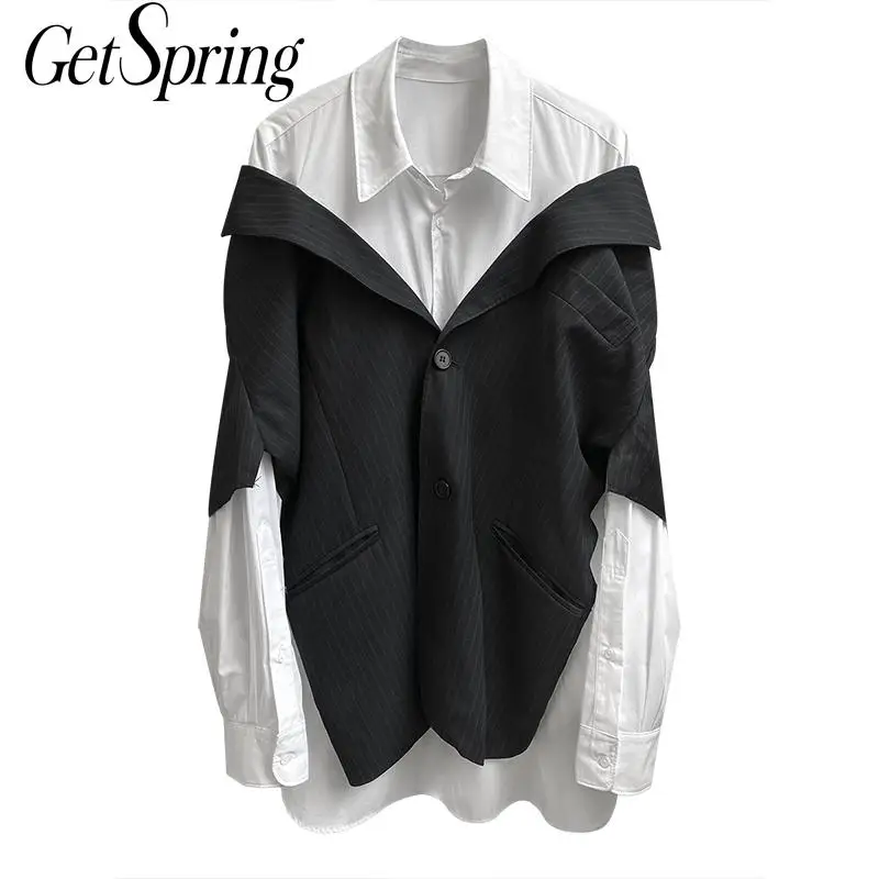 Getspring Women Blouse Shirt Patchwork Fake Two