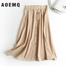 AQEMQ, модные юбки, милые летние пляжные юбки со средней талией, прямые юбки на пуговицах, вечерние юбки, женская одежда