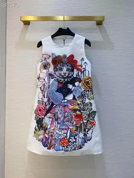 

luxury Runway Autumn Mini Dress Women Sleeveless Print Jacquard Beading Sequins Vintage Party A-Line Dress