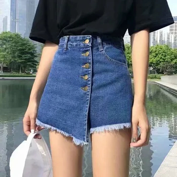 

LASPERA Denim Shorts High Waist A-line Mini Skirts Women 2020 Summer Single Button Pockets Blue Jeans Shorts Fahion Style