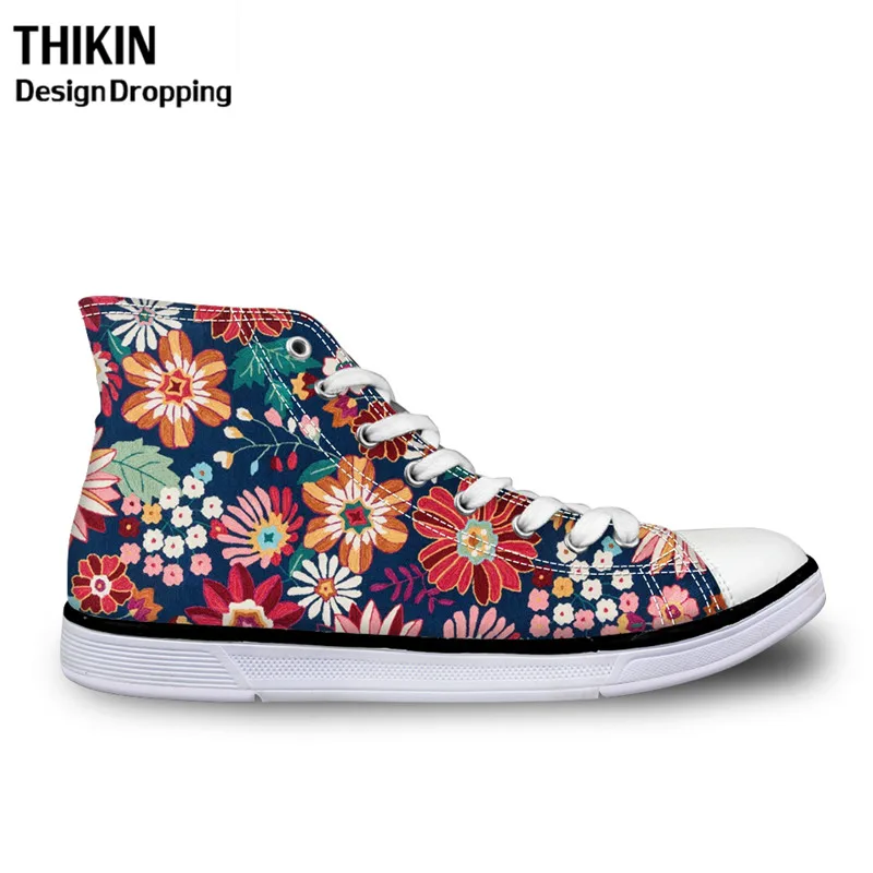 

THIKIN Lace Up Women High Top Shoes Daisy Floral Pattern Vulcanize Shoes Female Canvas Flats Shoes for Teenger Girls Sneakers