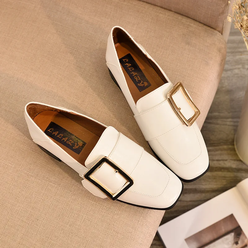 

Metal Buckle WOMEN'S Flat Shoes Step on with Loafers Foot Covering Shallow Mouth Single Shoes England Loafers Work Small Leather