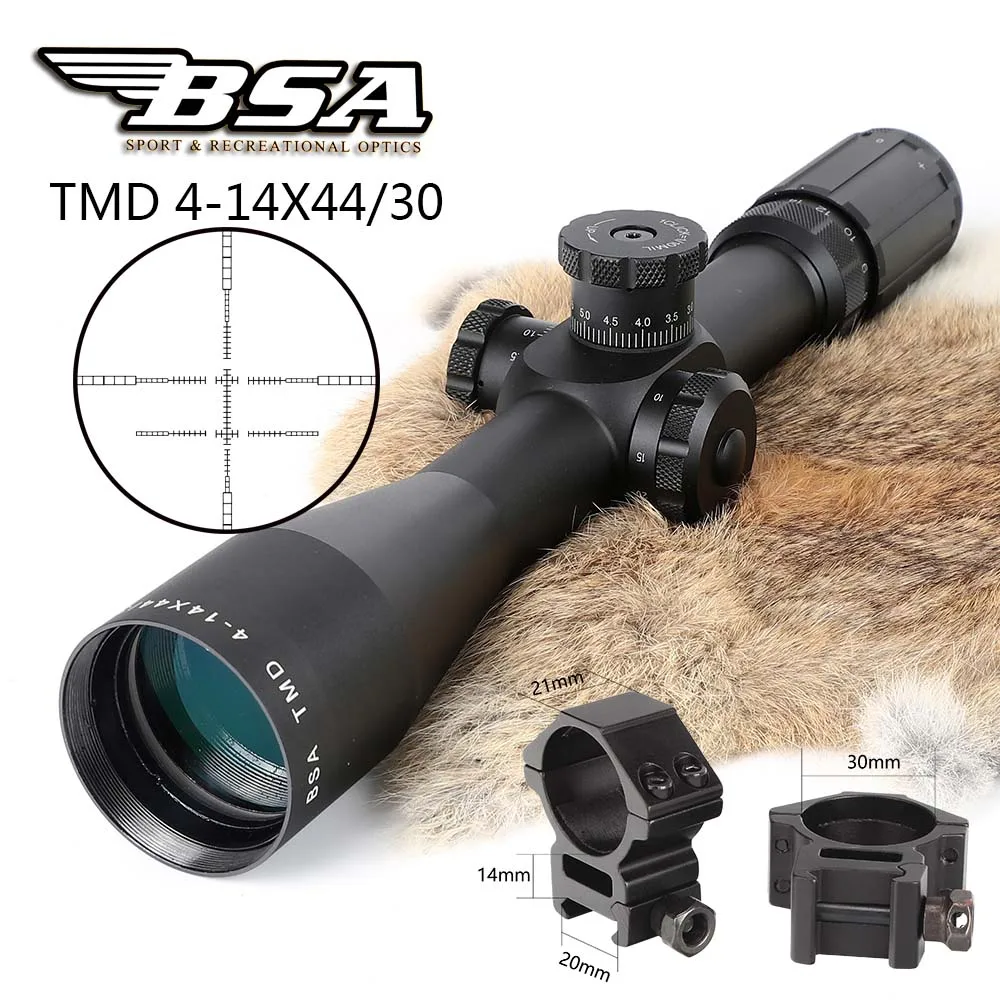 with Picatinny Rings BSA TMD 4-14X44 первый фокальный самолет FFP винтовки прицелы боковой Параллакс стекло гравированное Сетка Охота Тактический стрельба прицел - Цвет: with Picatinny Rings