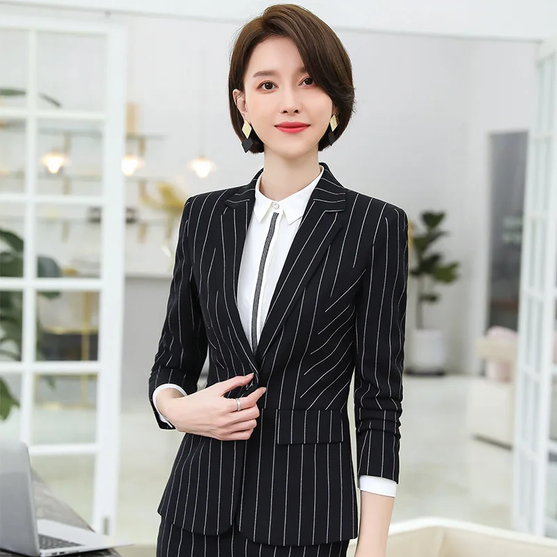 

Autumn And Winter New Style Wear Women's Striped Suit Set-Style Slim Fit White Collar Catering Manager Leggings Work Clothes