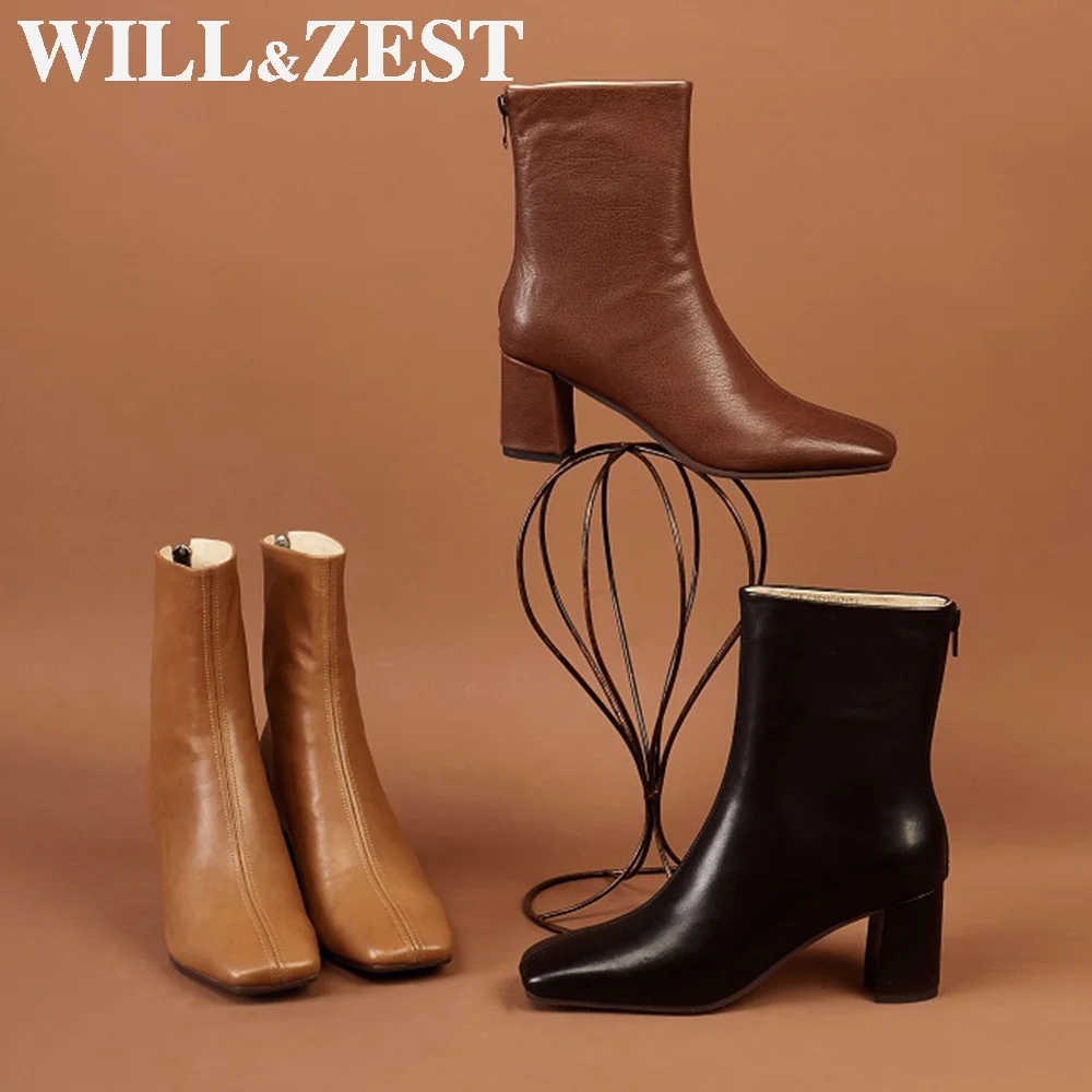 

WILL&ZEST Women Short Boots 2020 Leather Black Western High Heels Fur Chunky Winter White Western Booties Wholesale 2021 Fashion