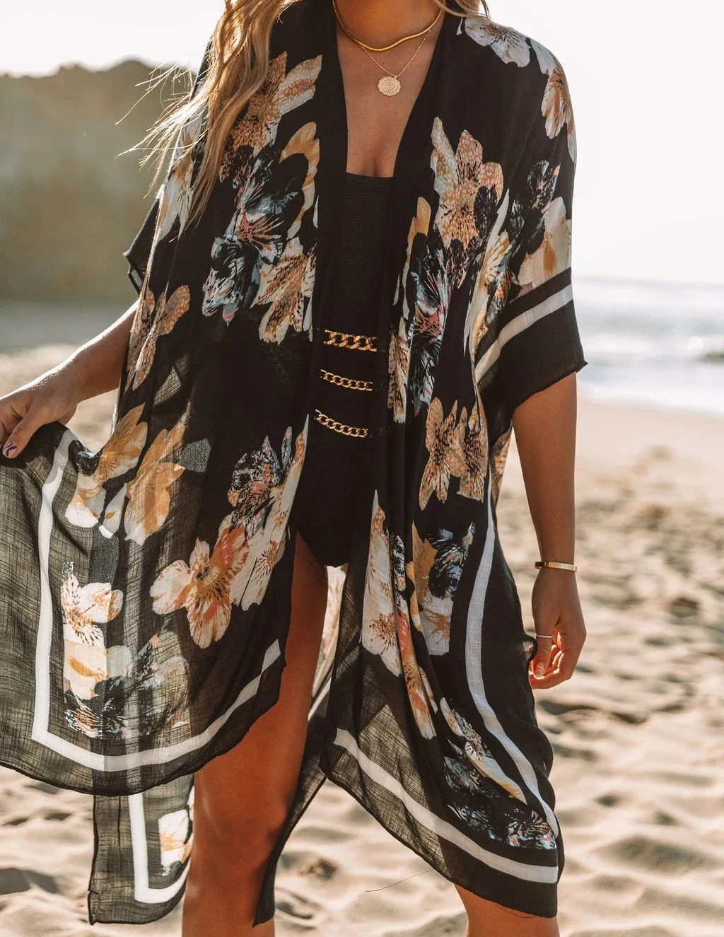 The New 2022 Europeans Printed Cotton Leaves Beach Blouse is Prevented Bask in Beach Dress Sexy Cardigan Bikini Cover ups bikini cover up dress