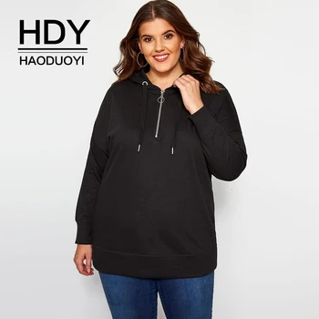 

HDY Haoduoyi 2019 New Fashion Autumn Simple Solid Color Large Size Metal Ring Zipper Loose Hooded Long-sleeved Sweatshirt