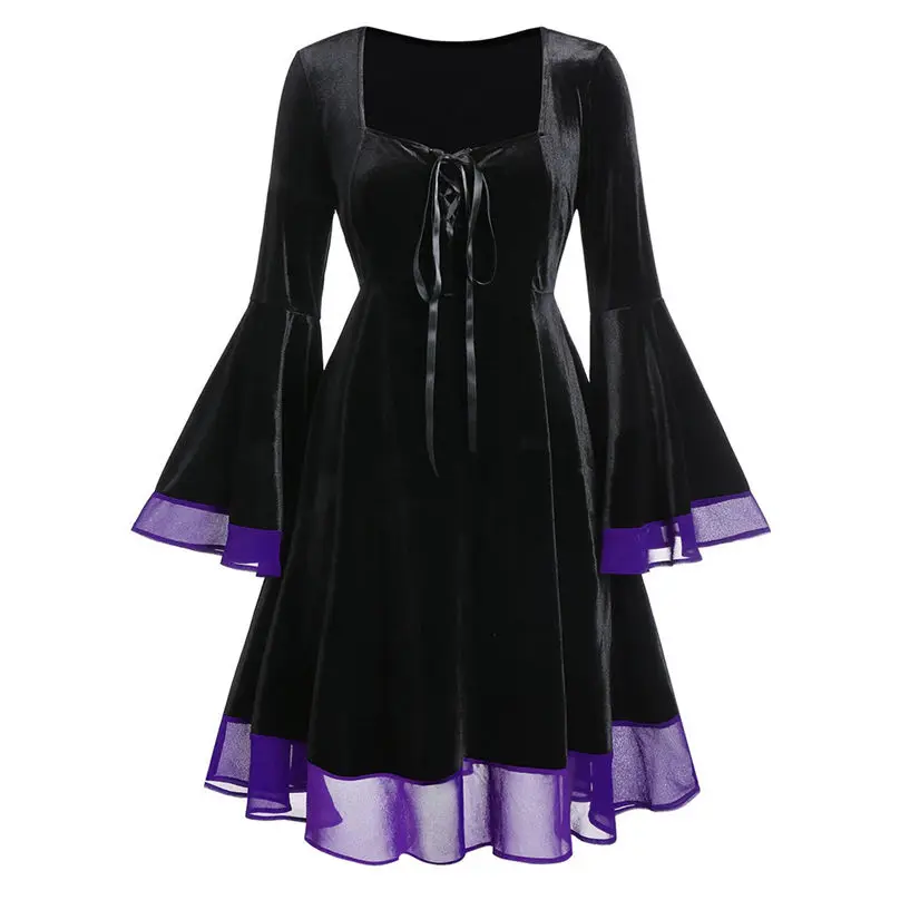 New Fashion Halloween Dress Women Velvet Plus Size Halloween Lace Up Patchwork Long Sleeve Mini Dress Vestidos 4S04 (5)
