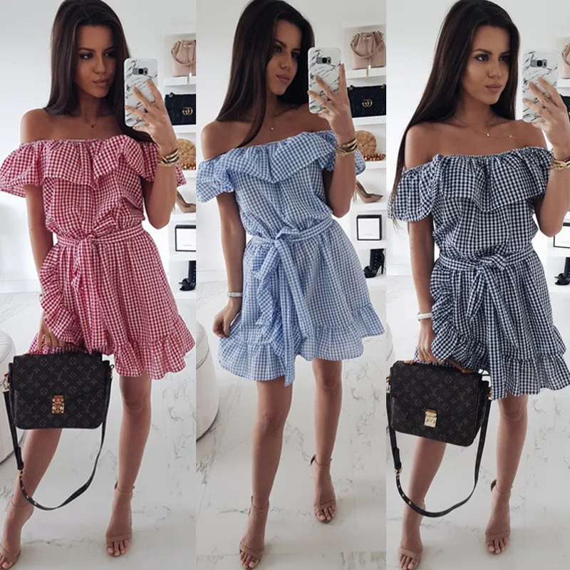 

Ruffles Off Shoulder Dress Women Summer Fashion Plaid Lace Up Ladies Dresses 2019 Sexy Slash Neck Mini Short Dress Robe Femme