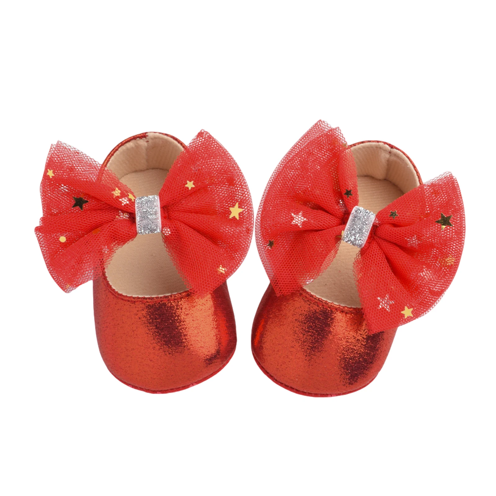 Baby Girl Princess Dress Shoes, Soft Sole Bowknot Mary Jane Flats Non-Slip Infant Prewalkers with Star Sequins