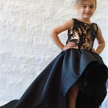 Милое черное платье с цветочным узором для девочек; вечерние Сатиновые пышные платья с открытой спиной и бантом для маленьких девочек; платье для дня рождения