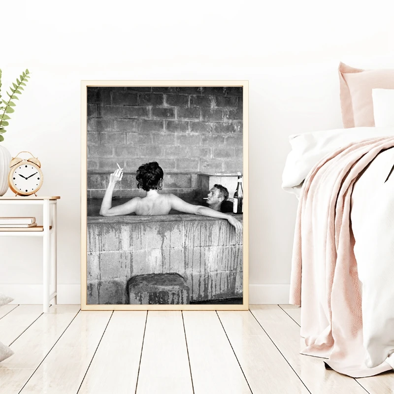 Стива Маккуин плакат холст живопись, Стива Маккуин ванна с его жены Мужская мода печать черный белый фото домашний Настенный декор