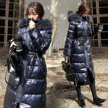 Зимнее женское пуховое пальто корейского размера плюс, длинный пуховик с капюшоном, синее толстое теплое Женское пальто, модная куртка-парка