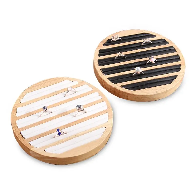 

Bamboo Wooden Ring Display Tray Round 6 Long Slot Leather Insert Jewelry Storage