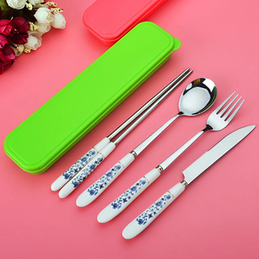 Набор столовых приборов из сине белого фарфора нержавеющей стали четыре палочки