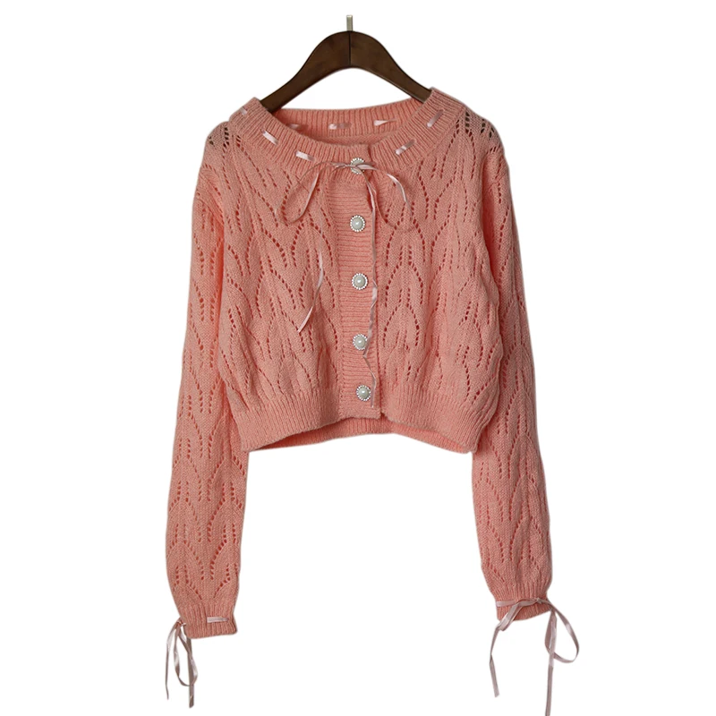 

Sweet Sweater Women Thin Hollow Out Lace Up Cardigan O-Neck Small Fresh Cropped Sweater 2020 Korean Tops Coat