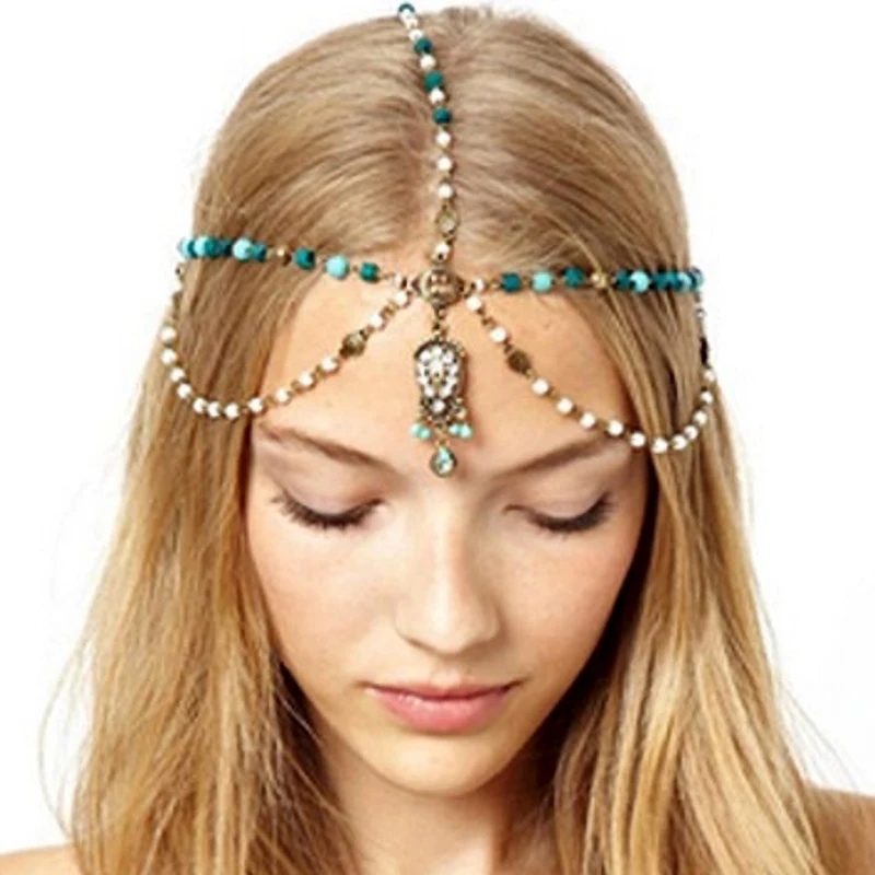 Vintage Bluish Green Stone Rhinestone Forehead Headpiece Pearl Head
