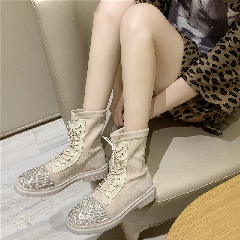Модные Ботинки martin zapatos mujer, 2109 г. Блестящие стразы на шнуровке, квадратный каблук 3,5 см, размер 35-40, bota feminina