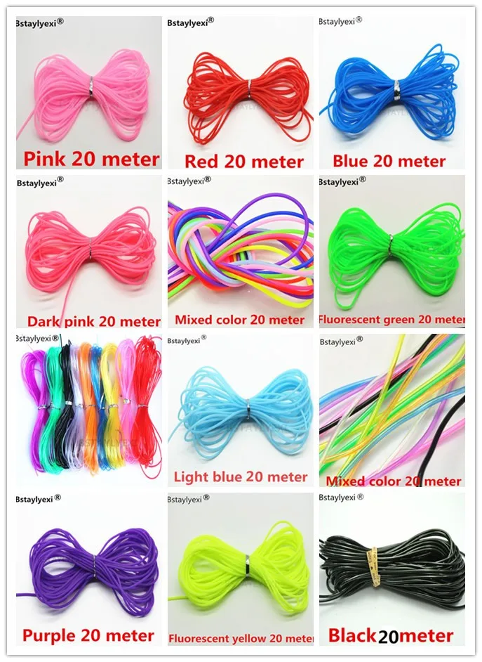 Colorful Decorative Jewelry Cord: 20m Memory Wire with 10m Hollow Rubber Tubing, 2mm Dia.