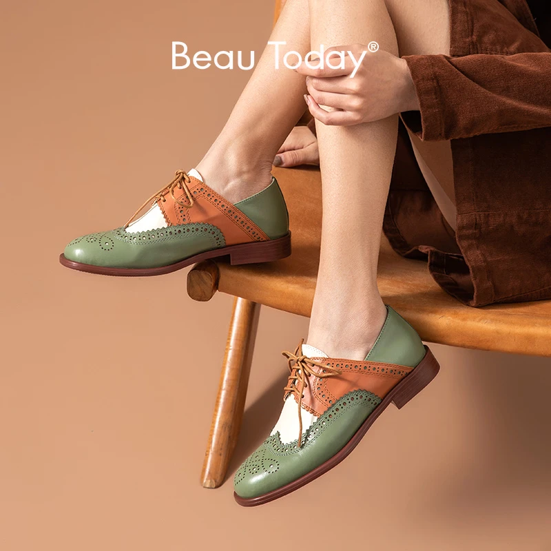 BeauToday Brogue de piel auténtica para mujer, calzado de piel de Becerro, colores mezclados, redonda, con estilo Derby, hechos a mano, 21465|Zapatos planos de mujer| - AliExpress