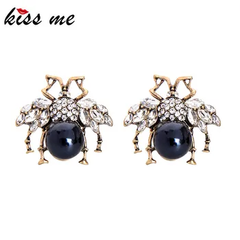

kissme White Blue Acrylic Pearl Insect Stud Earrings For Women Unique Crystal Glass Vintage Gold Color Earrings Fashion Jewelry