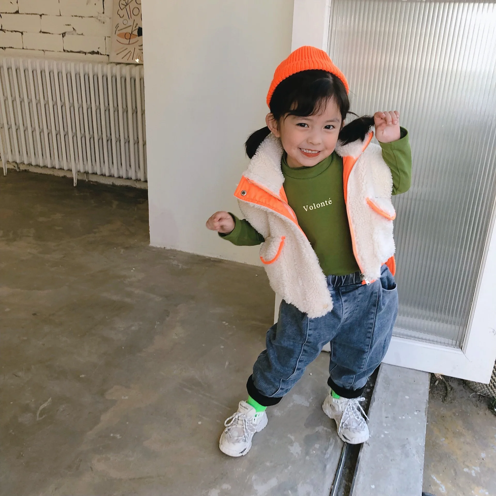 WLG boys girls winter vest kids green orange turn down collar zipper vest baby casual all match clothes 2-7 years