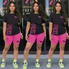 PINK Letter Print Round Neck Short Sleeves Tshirt Tops + Shorts Casual Two Piece Set Summer 2021 Women Fashion Outfit Streetwear 3