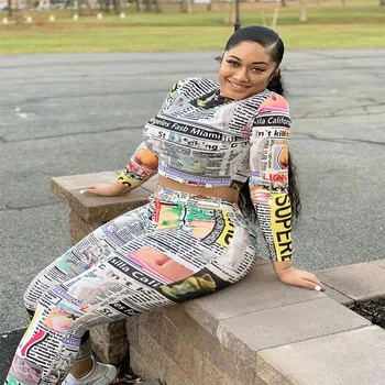 

Crop Top Women Set Suit Full Sleeve Print 2 Piece Set Women Tracksuit Casual Club Outfits Plus Size Two Piece Set Top And Pants