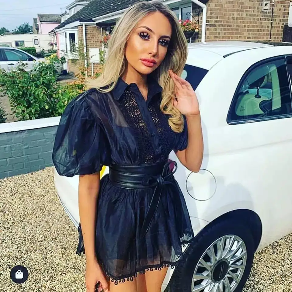 

Yesexy 2019 Solid Color Turn Down Collar See Though Women Mini Dress Elegant Puff Sleeve Female Dresses VR19820