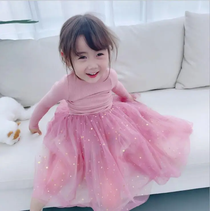 Korea style girls patchwork dress fashion autumn cotton mesh girls dresses 2-7 years HW402