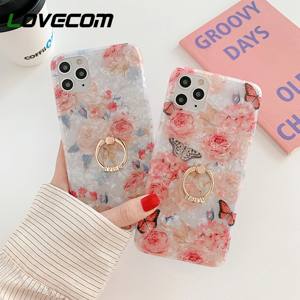 Чехол для телефона LOVECOM с розовым цветком и бабочкой кольцом на палец iPhone 12 Mini 11 Pro
