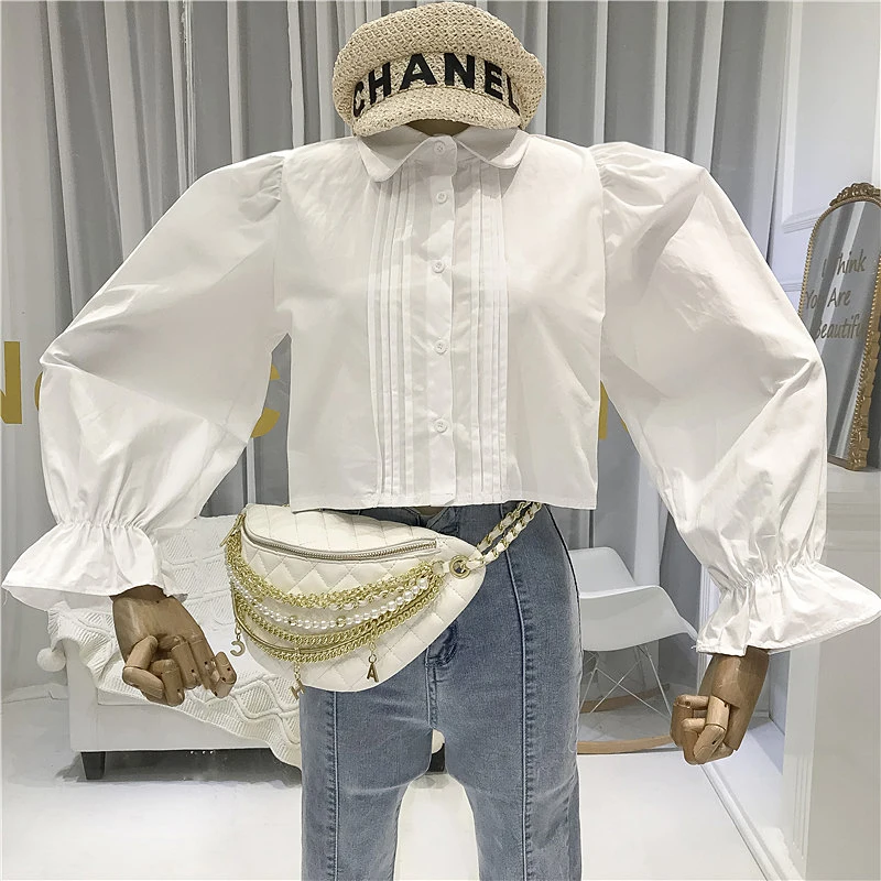 

Blusas Korean Fashion Clothing Women Blouses White Vintage Solid Peter Pan Collar Flare Sleeve Womens Crop Tops Designer