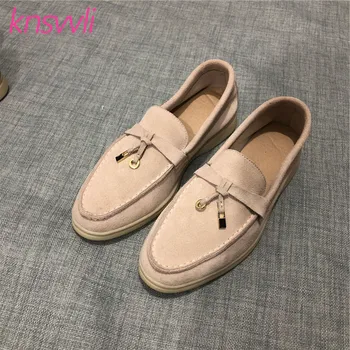 

Suede Flat Shoes Woman Round Toe Slip On Ladies Loafers Metal Lock Decorate Flat Mules Casual Shoes Summer Walk Shoes Women