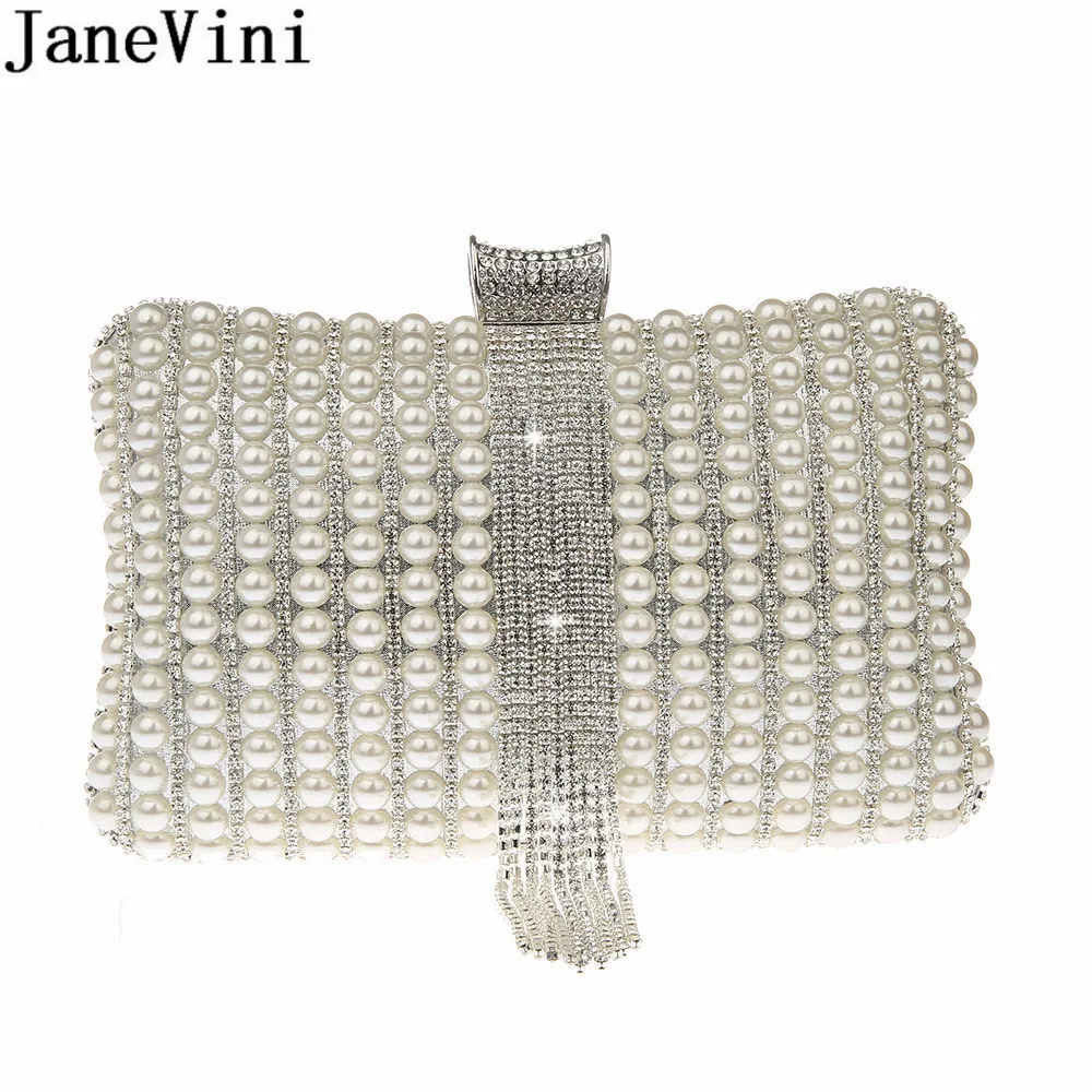 JaneVini Pearls Silver Rhinestones Luxury Handbags Women Bags Designer Handmade Clutch With Chain Wedding Dress Handbag Purse