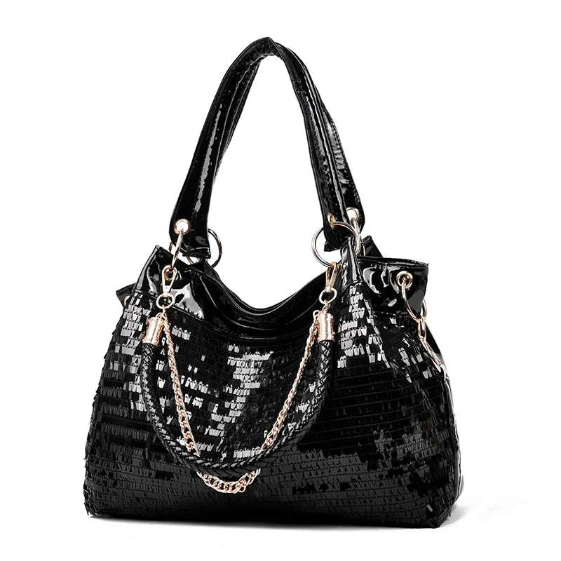 Новая блестящая черная сумка на цепочке из лакированной кожи, Женская яркая вместительная сумка, Повседневная сумка на плечо, блестящая женская сумка