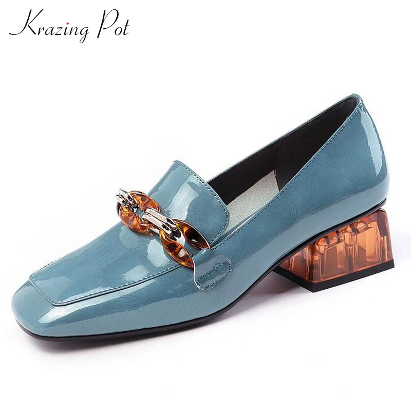 Krazing pot/Лидер продаж; натуральная кожа; квадратный носок; средний каблук; цепочки на ногу; застежки; великолепные французские романтические