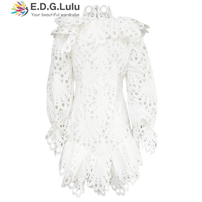 EDGLuLu runway womens fashion stand lanterns long sleeve whit lace dress vintage chic elegant irregular mini dress