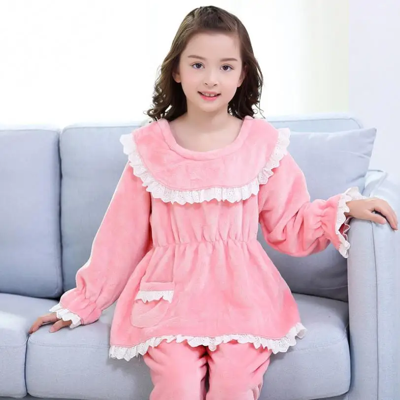 Children girls Flannel winter new pajamas kids lace patchwork cute cartoon home clothes girls sleep wear ws1159 - Цвет: 3