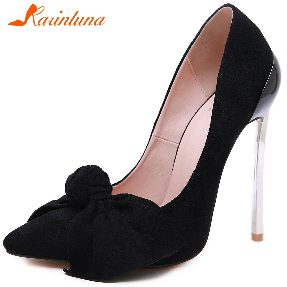 

Karinluna New Design 2020 Flock Thin High Heels Shoes Woman Pumps Female Pointed Toe Sweet Bowtie Slip-On Concise Pumps Women