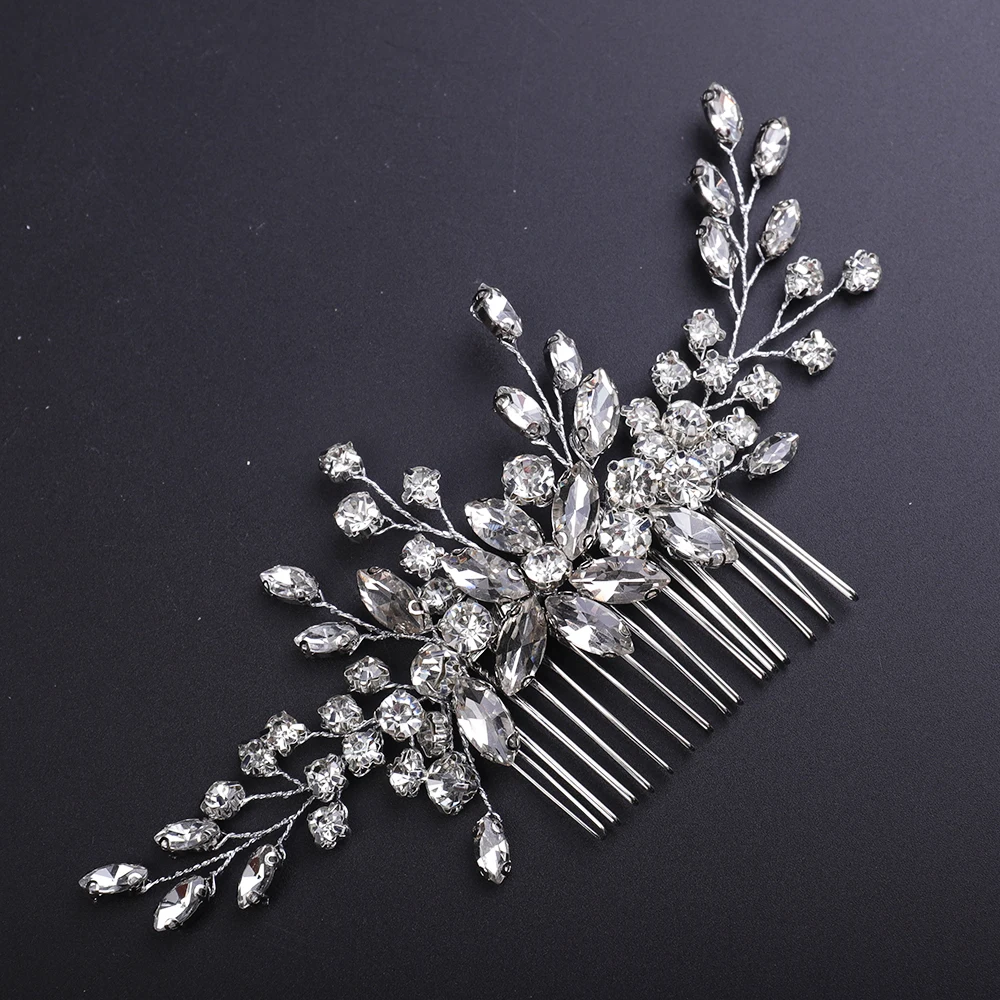 Silver Rhinestone Hair Comb Luxury Women Headpieces Tiara Wedding Hair Ornaments Flower Jewelry Bridal Headwear Clip