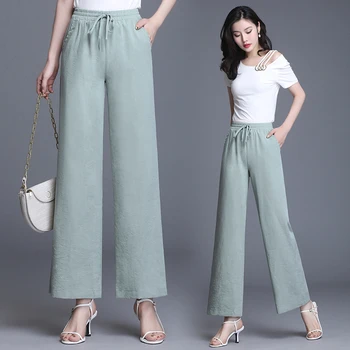 

Spring Summer Cotton Linen Wide Leg Pants Women Elastic Waist Pant Female Casual Loose Long Trousers Plus Size High Quality