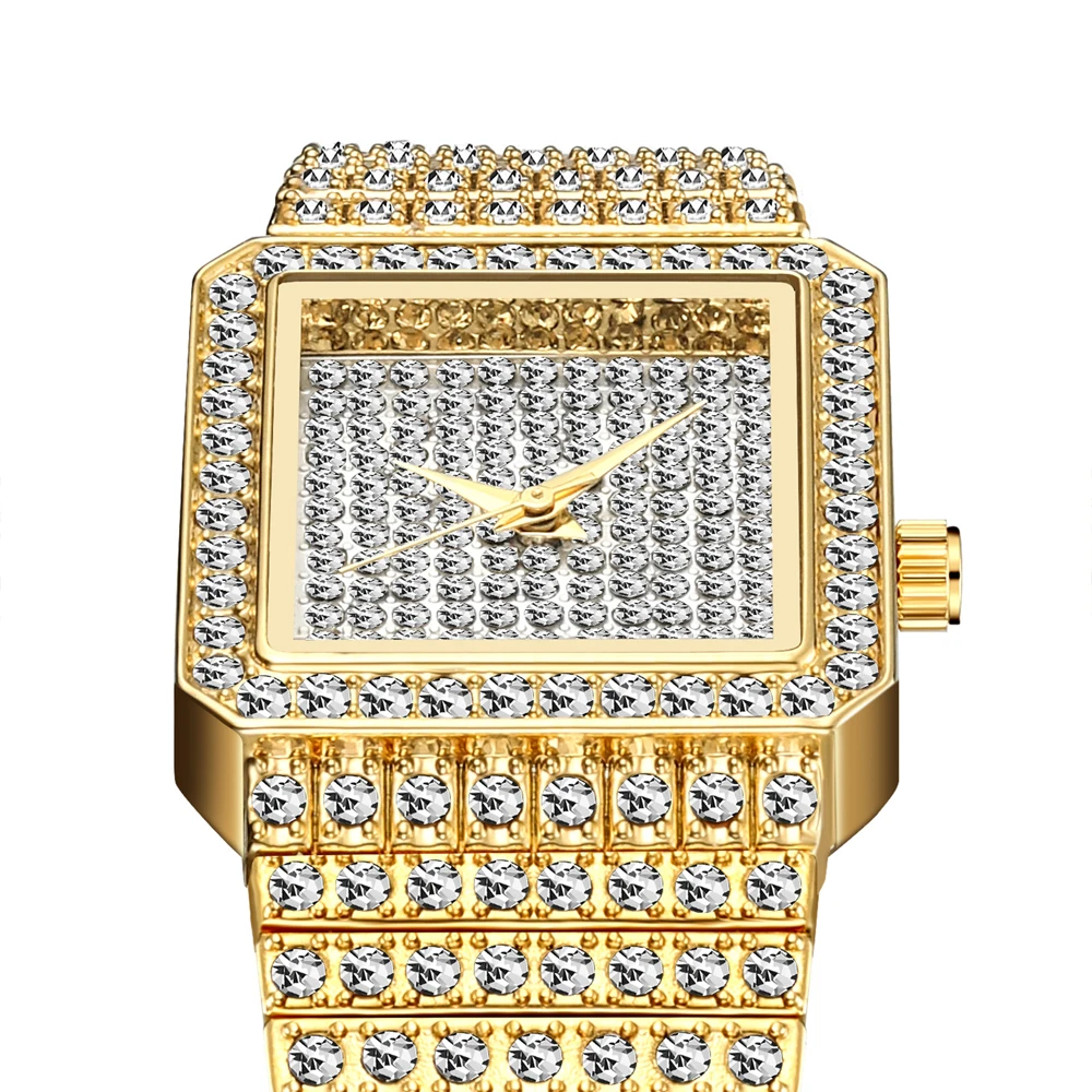 drop shipping bling diamonds watch for women hip hop womens quartz watches ice out 18k gold plated ladies wristwatches female clock stainless steel bracelet square case watches free shipping(13)