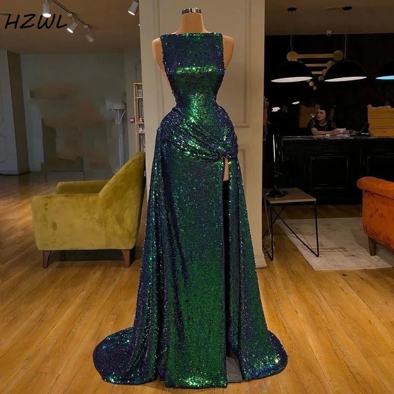 

Green Sequined Prom Dresses Sleeveless 2020 Sequins High Split Sheath Evening Dress Formal Party Gowns Custom Made robe d